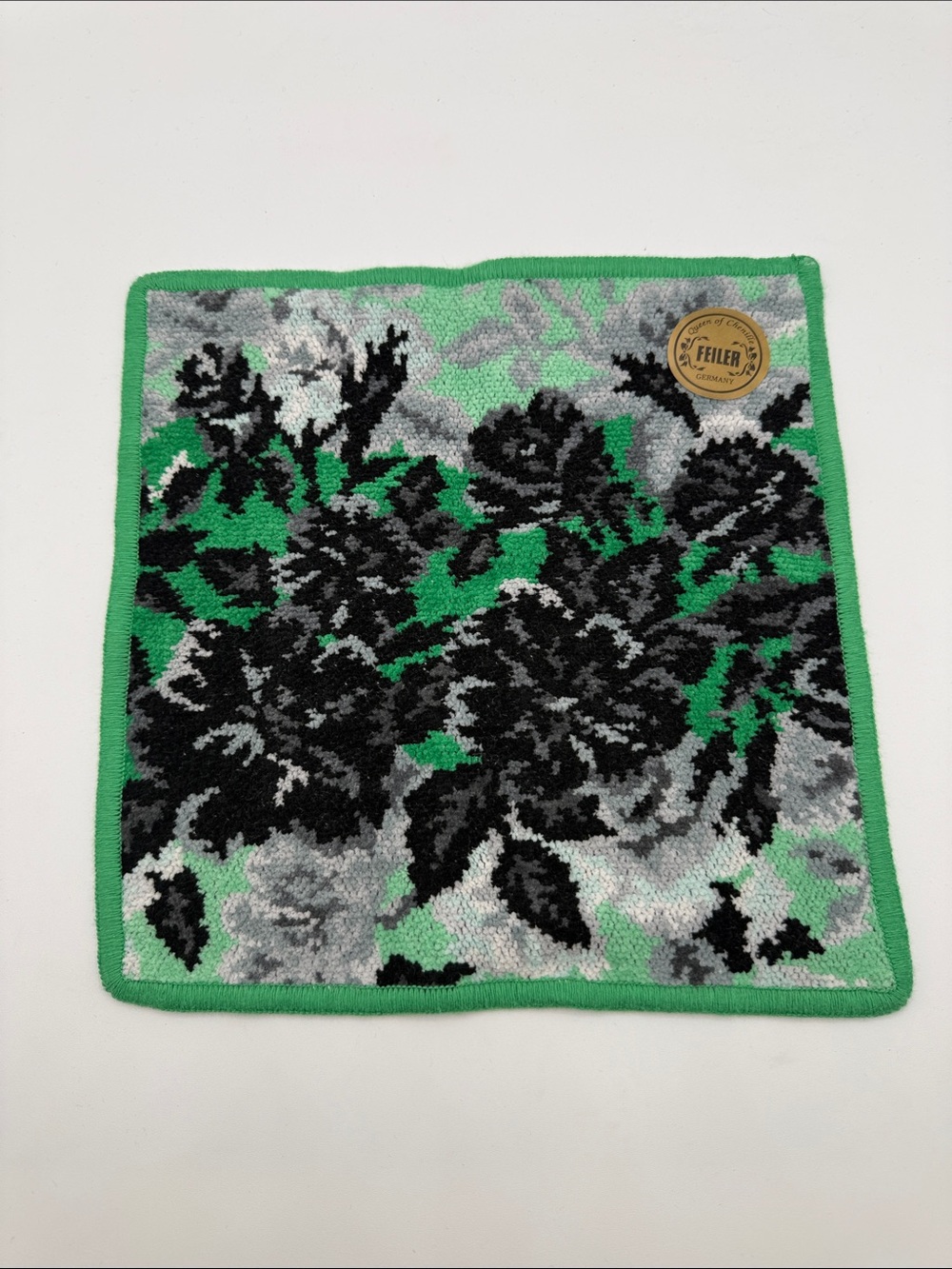 Feiler Green Floral Chenille Square Towel/Face cloth/ handkerchief /100 cotton